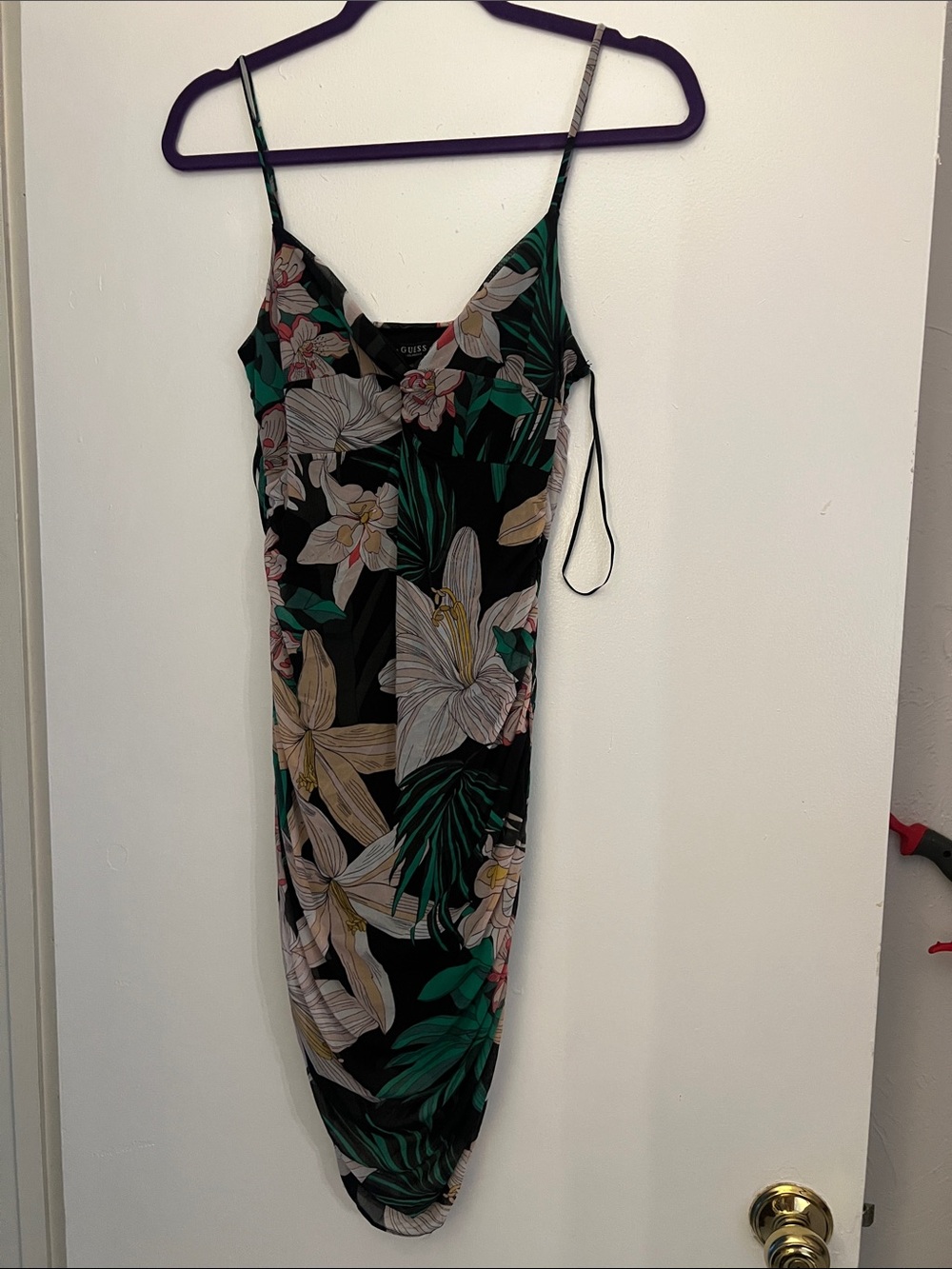 Guess Black Floral Midi Slip Dress with Green and Cream Print